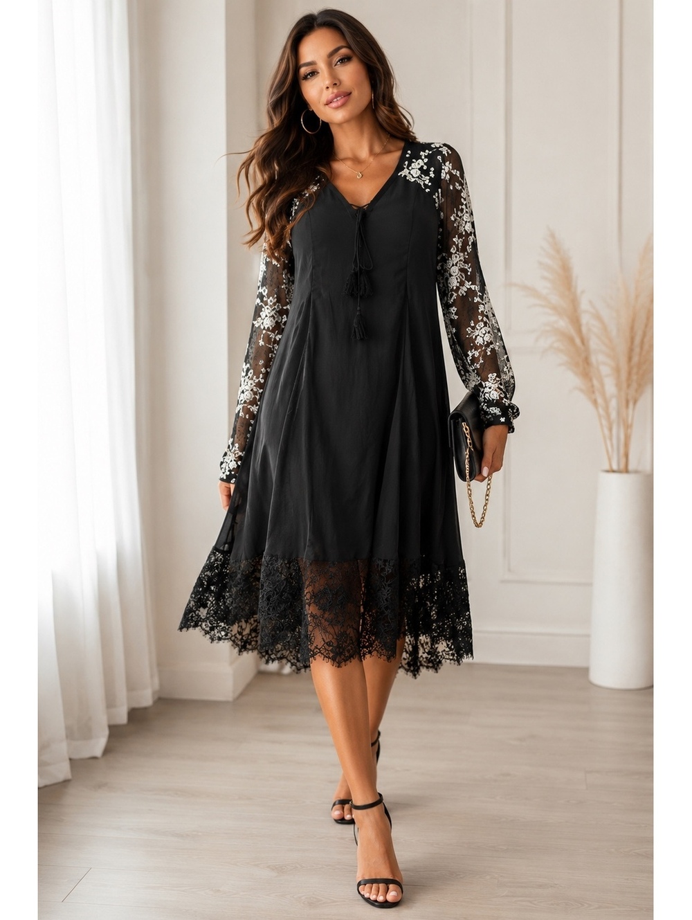 maurices Women’s Black White Floral Lace Embroidered Shift Dress V-Neck M